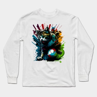 Cute Cat Sports Player Soccer Futball Football - Graphiti Art Graphic Trendy Holiday Gift Long Sleeve T-Shirt